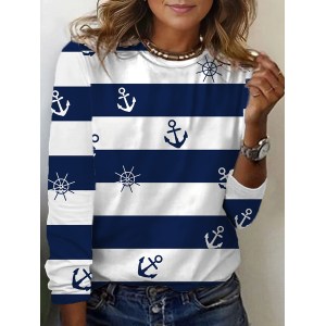 Women's Striped Long Sleeve Tee T-shirt Crew Neck Printing Casual Spring/Fall Graphic Tee Top