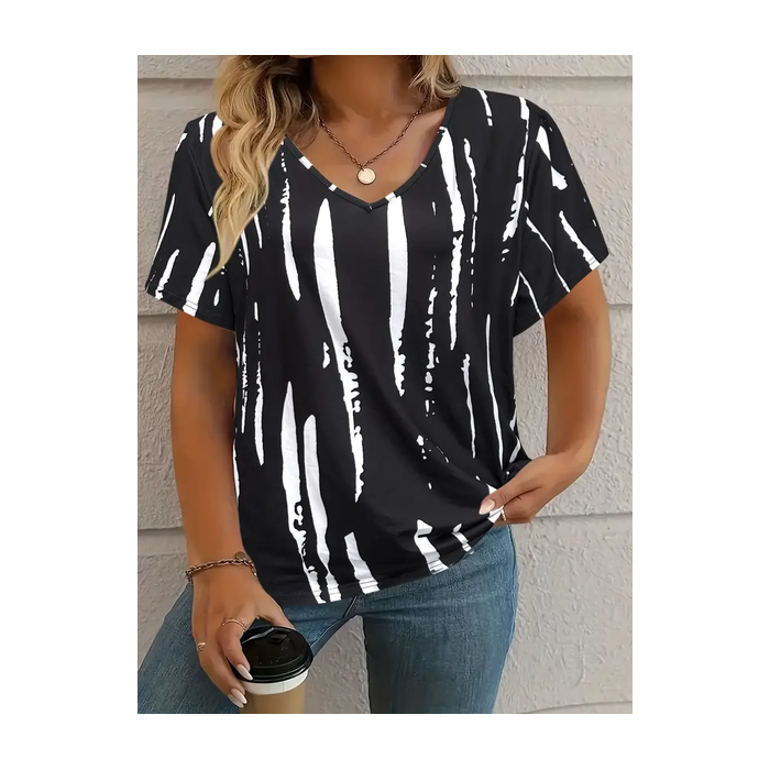 Women's Abstract Stripes Short Sleeve Tee T-shirt V Neck Printing Casual Summer Graphic Tee Top