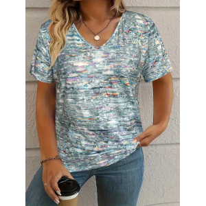 Women's Geometric Short Sleeve Tee T-shirt V Neck Printing Casual Summer Graphic Tee Top