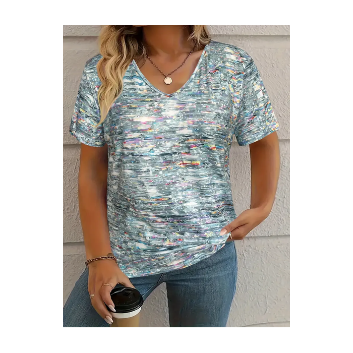 Women's Geometric Short Sleeve Tee T-shirt V Neck Printing Casual Summer Graphic Tee Top