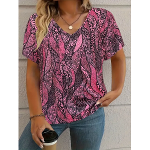 Women's Leopard Short Sleeve Tee T-shirt V Neck Casual Summer Graphic Tee Top