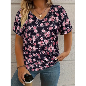 Women's Floral Short Sleeve Tee T-shirt V Neck Printing Casual Summer Graphic Tee Top
