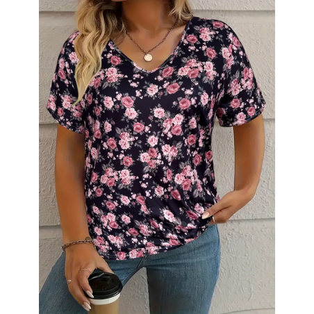 Women's Floral Short Sleeve Tee T-shirt V Neck Printing Casual Summer Graphic Tee Top