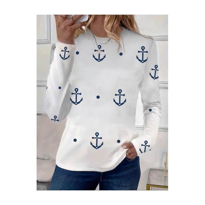 Women's Long Sleeve Tee T-shirt Spring/Fall Anchor Printing Crew Neck Casual Graphic Tee Top