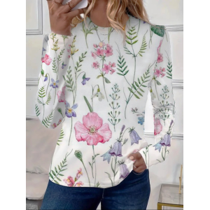 Women's Long Sleeve Tee T-shirt Spring/Fall Floral Printing Crew Neck Casual Graphic Tee Top