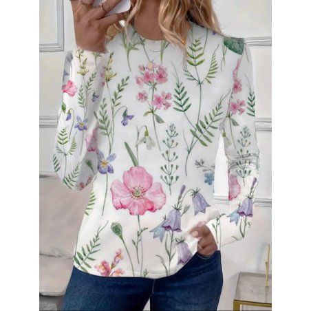 Women's Long Sleeve Tee T-shirt Spring/Fall Floral Printing Crew Neck Casual Graphic Tee Top