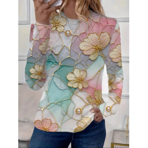 Women's Long Sleeve Tee T-shirt Spring/Fall Floral Printing Crew Neck Casual Graphic Tee Top