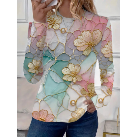 Women's Long Sleeve Tee T-shirt Spring/Fall Floral Printing Crew Neck Casual Graphic Tee Top