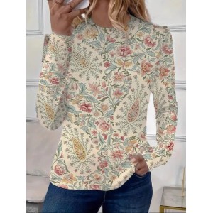 Women's Long Sleeve Tee T-shirt Spring/Fall Floral Printing Crew Neck Casual Graphic Tee Top