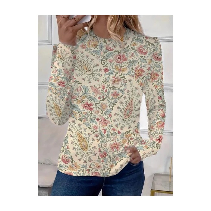 Women's Long Sleeve Tee T-shirt Spring/Fall Floral Printing Crew Neck Casual Graphic Tee Top