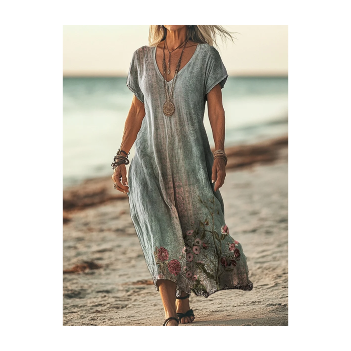 Women's Short Sleeve Summer Floral Printing Dress V Neck Daily Going Out Casual Maxi T-Shirt Dress H-Line Dress
