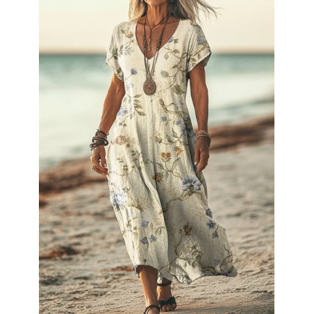 Women's Short Sleeve Summer Floral Printing Dress V Neck Daily Going Out Casual Maxi T-Shirt Dress H-Line Dress