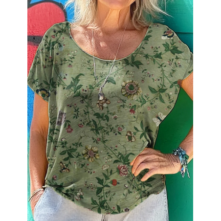Women's Short Sleeve Tee T-shirt Summer Floral Printing Crew Neck Casual Graphic Tee Top