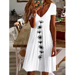 Women's Short Sleeve Summer Floral Printing Dress V Neck Daily Going Out Casual Knee Length T-Shirt Dress H-Line Dress