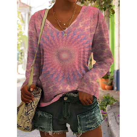 Women's Long Sleeve Tee T-shirt Spring/Fall Tie Dye Printing V Neck Casual Graphic Tee Top