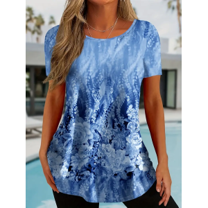Women's Short Sleeve Tee T-shirt Summer Floral Printing Crew Neck Casual Graphic Tee Top