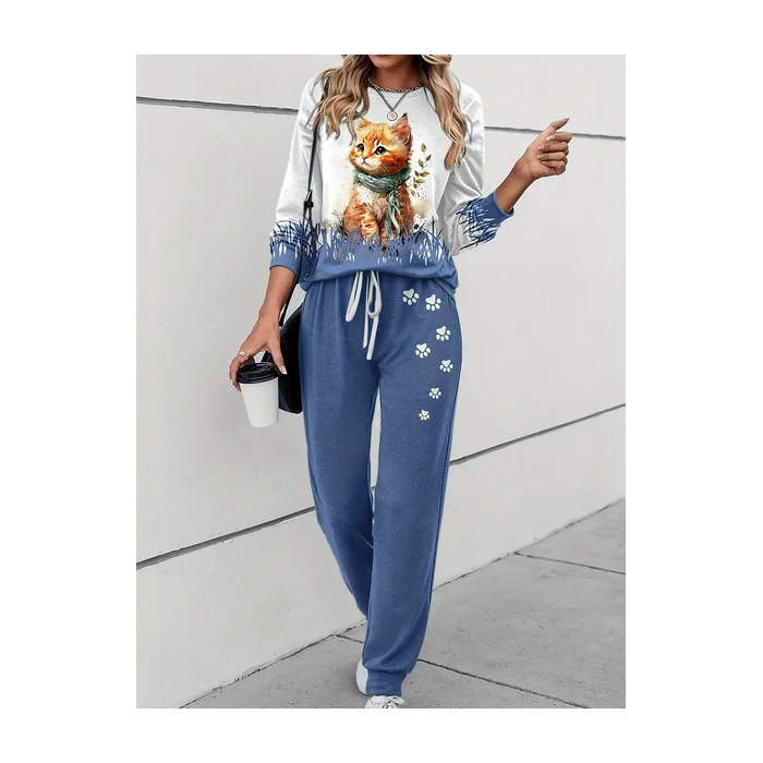 Women's Printing Cat Daily Going Out Two Piece Set Long Sleeve Casual Spring/Fall Top With Pants Matching Set