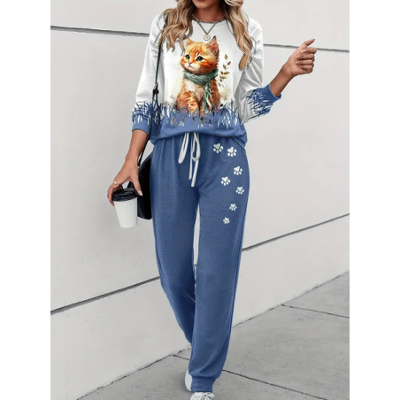 Women's Printing Cat Daily Going Out Two Piece Set Long Sleeve Casual Spring/Fall Top With Pants Matching Set