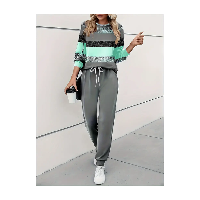 Women's Printing Striped Daily Going Out Two Piece Set Long Sleeve Casual Spring/Fall Top With Pants Matching Set