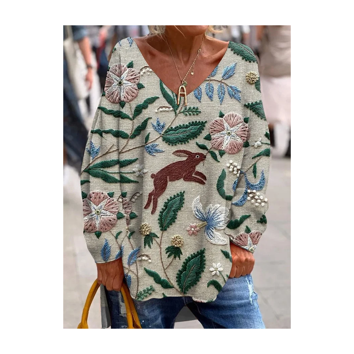 Women's Long Sleeve Tee T-shirt Spring/Fall Floral V Neck Casual Graphic Tee Top