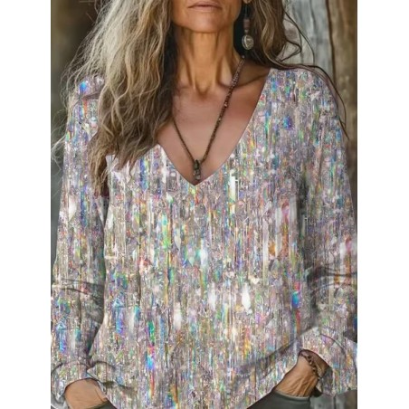 Women's Long Sleeve Tee T-shirt Spring/Fall Geometric Printing V Neck Casual Graphic Tee Top