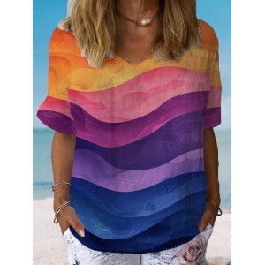 Women's Short Sleeve Blouse Summer Ombre Cotton Crew Neck Daily Going Out Casual Top