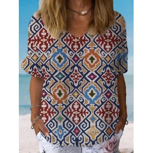 Women's Short Sleeve Blouse Summer Ethnic Cotton Crew Neck Daily Going Out Casual Top