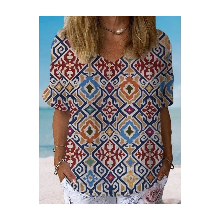 Women's Short Sleeve Blouse Summer Ethnic Cotton Crew Neck Daily Going Out Casual Top