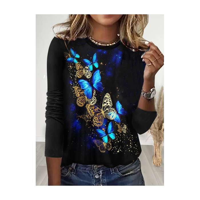 Women's Long Sleeve Tee T-shirt Spring/Fall Butterfly Printing Crew Neck Casual Graphic Tee Top