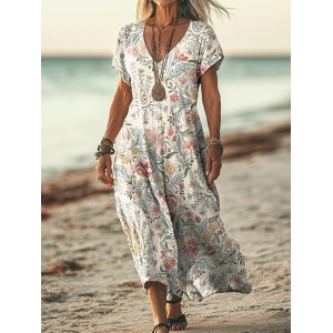 Women's Short Sleeve Summer Floral Printing Dress V Neck Daily Going Out Casual Maxi T-Shirt Dress H-Line Dress