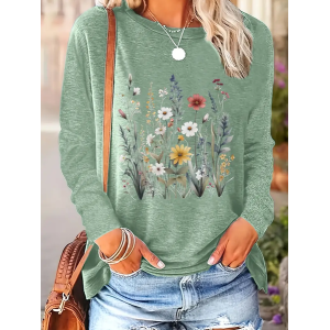 Women's Long Sleeve Tee T-shirt Spring/Fall Floral Printing Crew Neck Casual Top