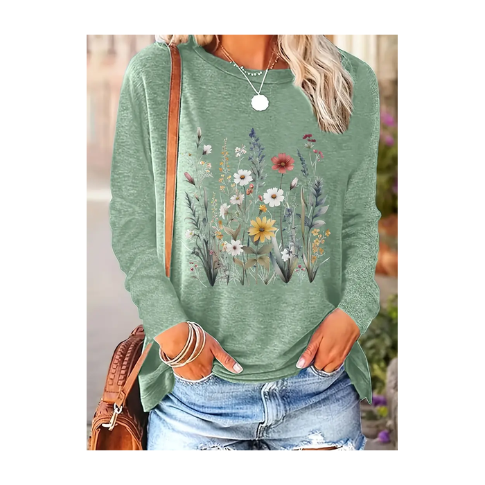 Women's Long Sleeve Tee T-shirt Spring/Fall Floral Printing Crew Neck Casual Top