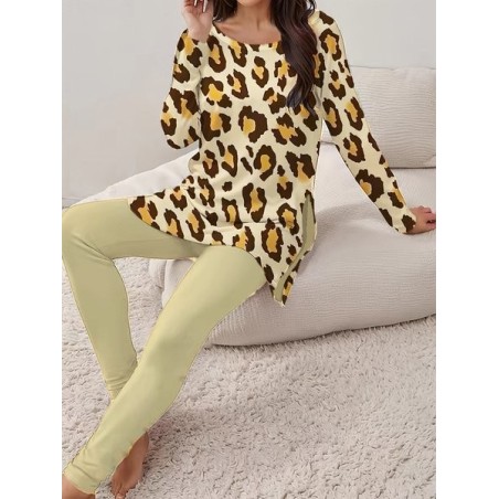 Women's Leopard Daily Going Out Two Piece Set Long Sleeve Casual Spring/Fall Top With Pants Matching Set