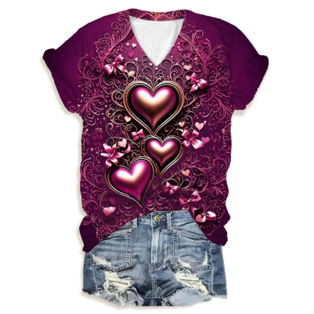 Women's Short Sleeve Tee T-shirt Summer Floral Printing V Neck Casual Top Graphic Tee