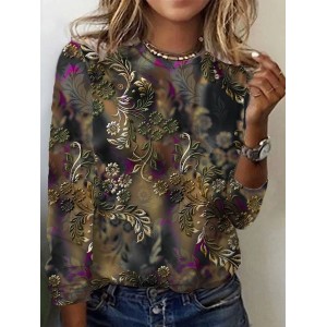 Women's Long Sleeve Tee T-shirt Spring/Fall Floral Crew Neck Casual Top