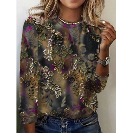 Women's Long Sleeve Tee T-shirt Spring/Fall Floral Crew Neck Casual Top