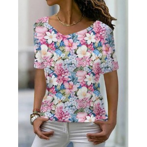 Women's Short Sleeve Tee T-shirt Summer Floral V Neck Casual Top