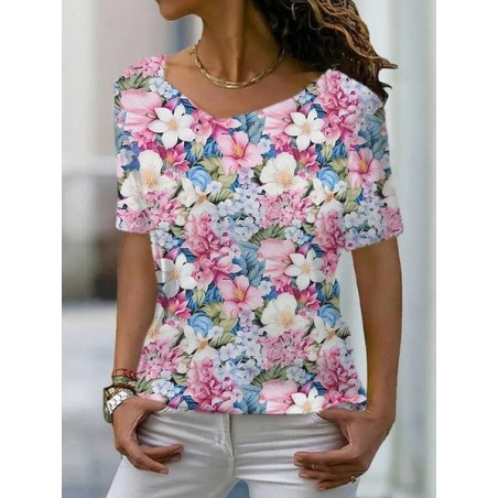 Women's Short Sleeve Tee T-shirt Summer Floral V Neck Casual Top