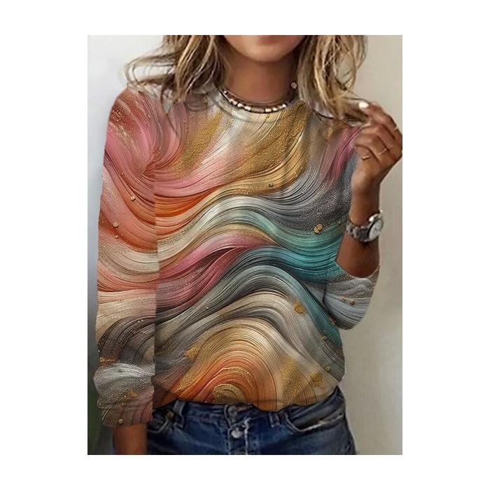 Women's Long Sleeve Tee T-shirt Spring/Fall Abstract Crew Neck Casual Top