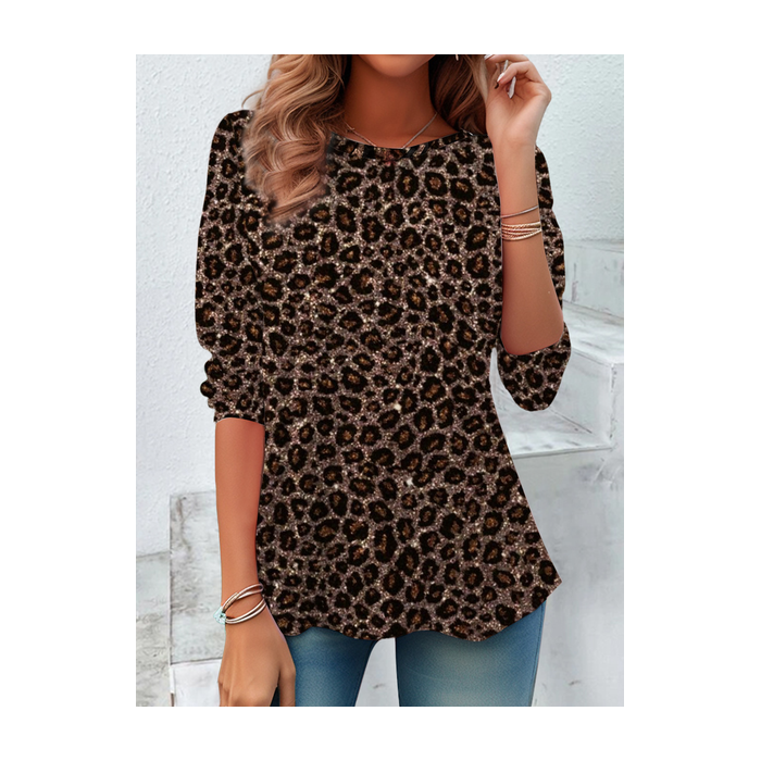 Women's Long Sleeve Tee T-shirt Spring/Fall Leopard Printing Crew Neck Casual Top