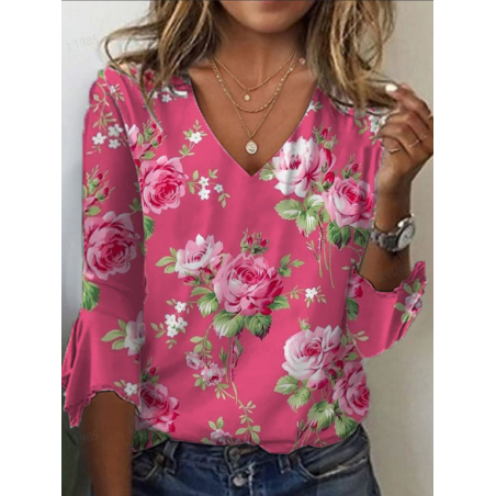 Women's Half Sleeve Tee T-shirt Summer Floral Printing V Neck Casual Top