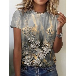 Women's Short Sleeve Tee T-shirt Summer Floral Crew Neck Casual Top