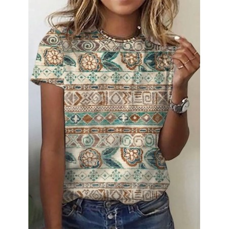 Women's Short Sleeve Tee T-shirt Summer Ethnic Crew Neck Casual Top