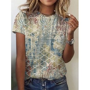 Women's Short Sleeve Tee T-shirt Summer Ethnic Crew Neck Casual Top