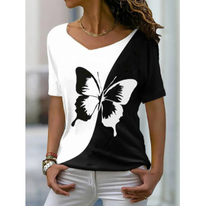 Women's Short Sleeve Tee T-shirt Summer Butterfly V Neck Casual Top
