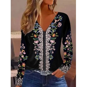 Women's Long Sleeve Tee T-shirt Spring/Fall Floral Jersey V Neck Daily Going Out Casual Top