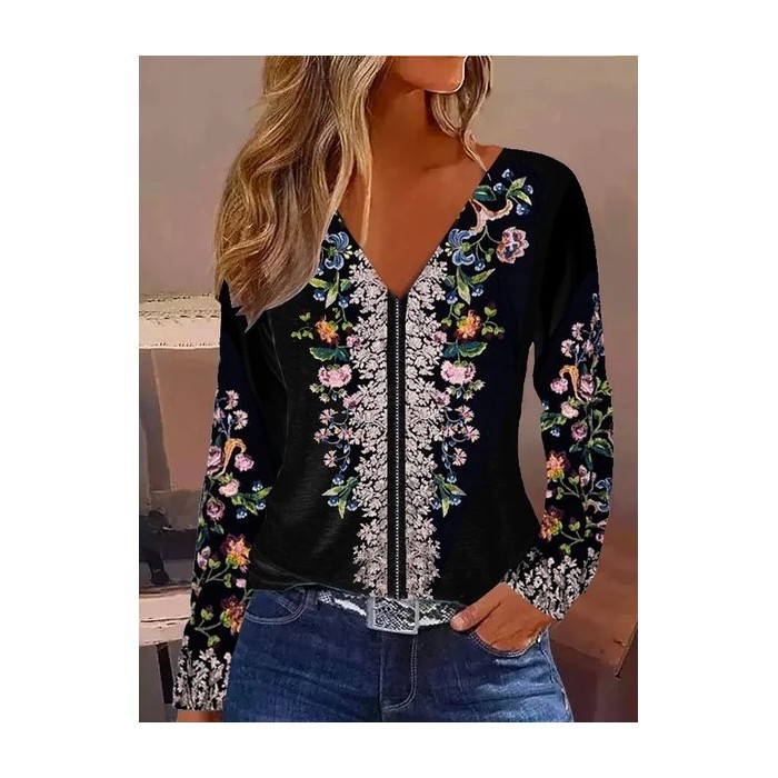 Women's Long Sleeve Tee T-shirt Spring/Fall Floral Jersey V Neck Daily Going Out Casual Top