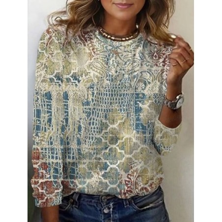 Women's Long Sleeve Tee T-shirt Spring/Fall Ethnic Jersey Crew Neck Daily Going Out Casual Top