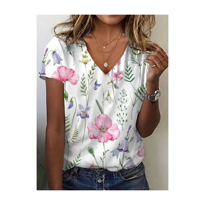 Women's Short Sleeve Tee T-shirt Summer Floral Jersey V Neck Daily Going Out Casual Top