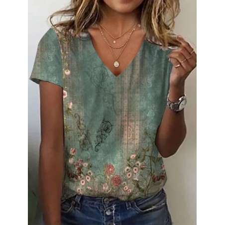 Women's Short Sleeve Tee T-shirt Summer Floral Jersey V Neck Holiday Going Out Casual Top